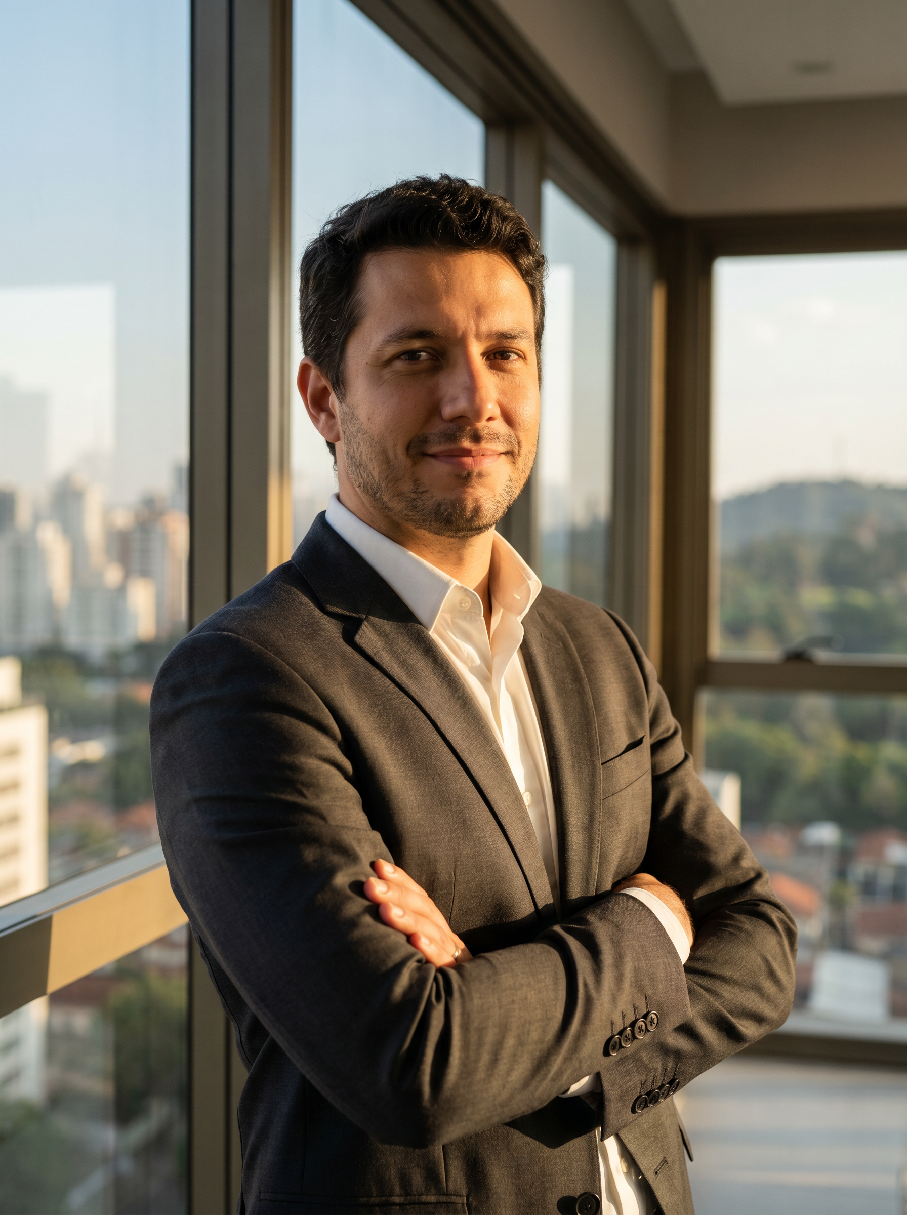 Retrato de Rafael Almeida, corretor de imóveis de alto padrão em São Paulo