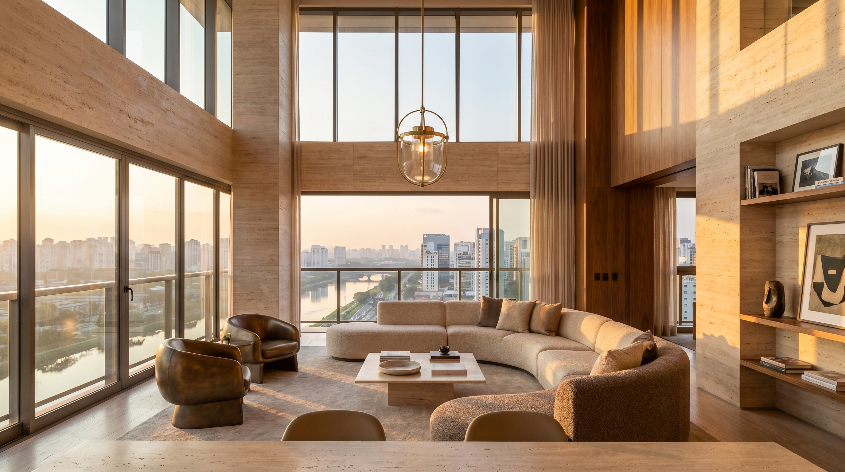Interior de cobertura de luxo em São Paulo ao entardecer