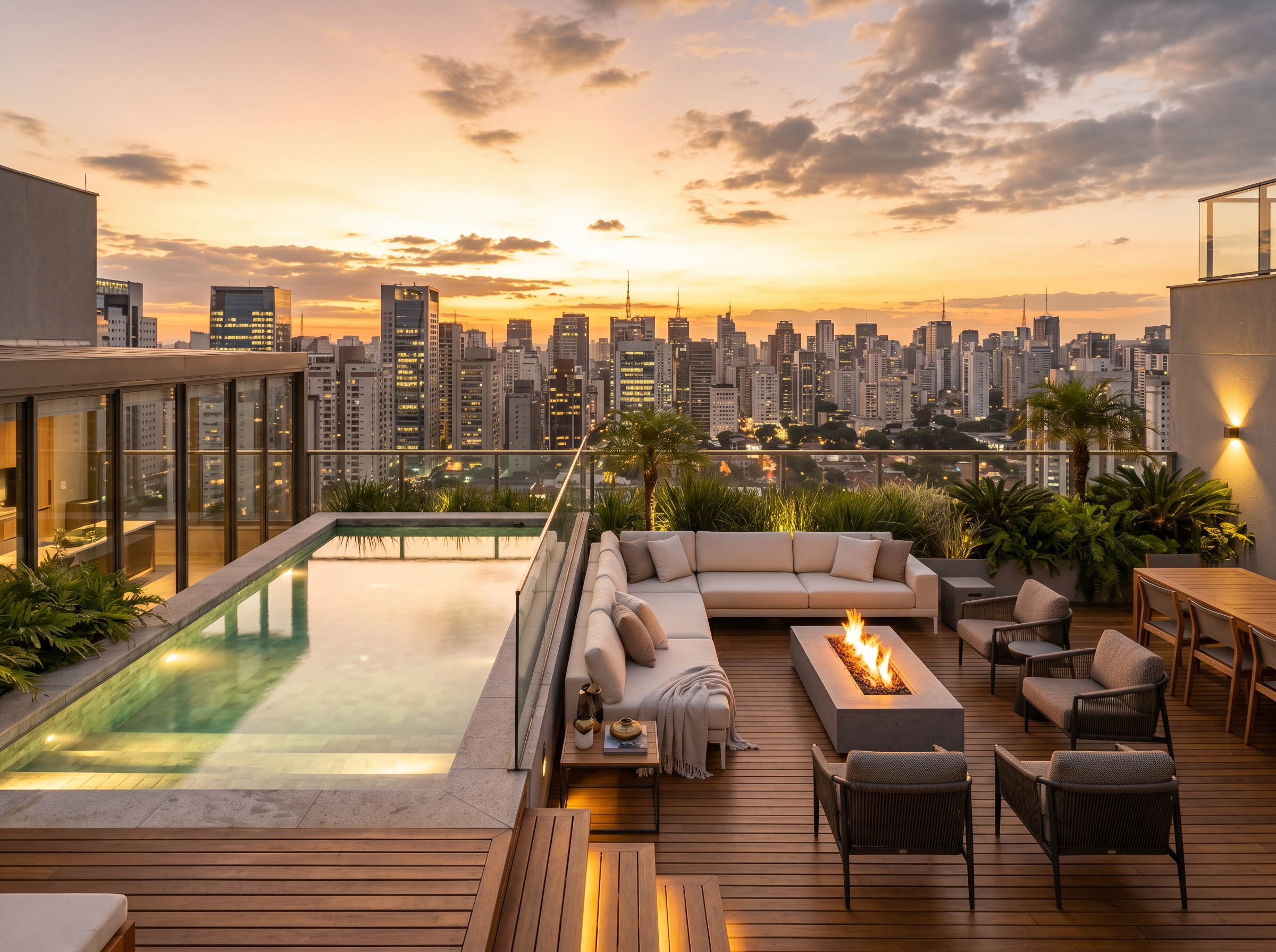 Terraço de cobertura em Itaim com piscina e vista da cidade