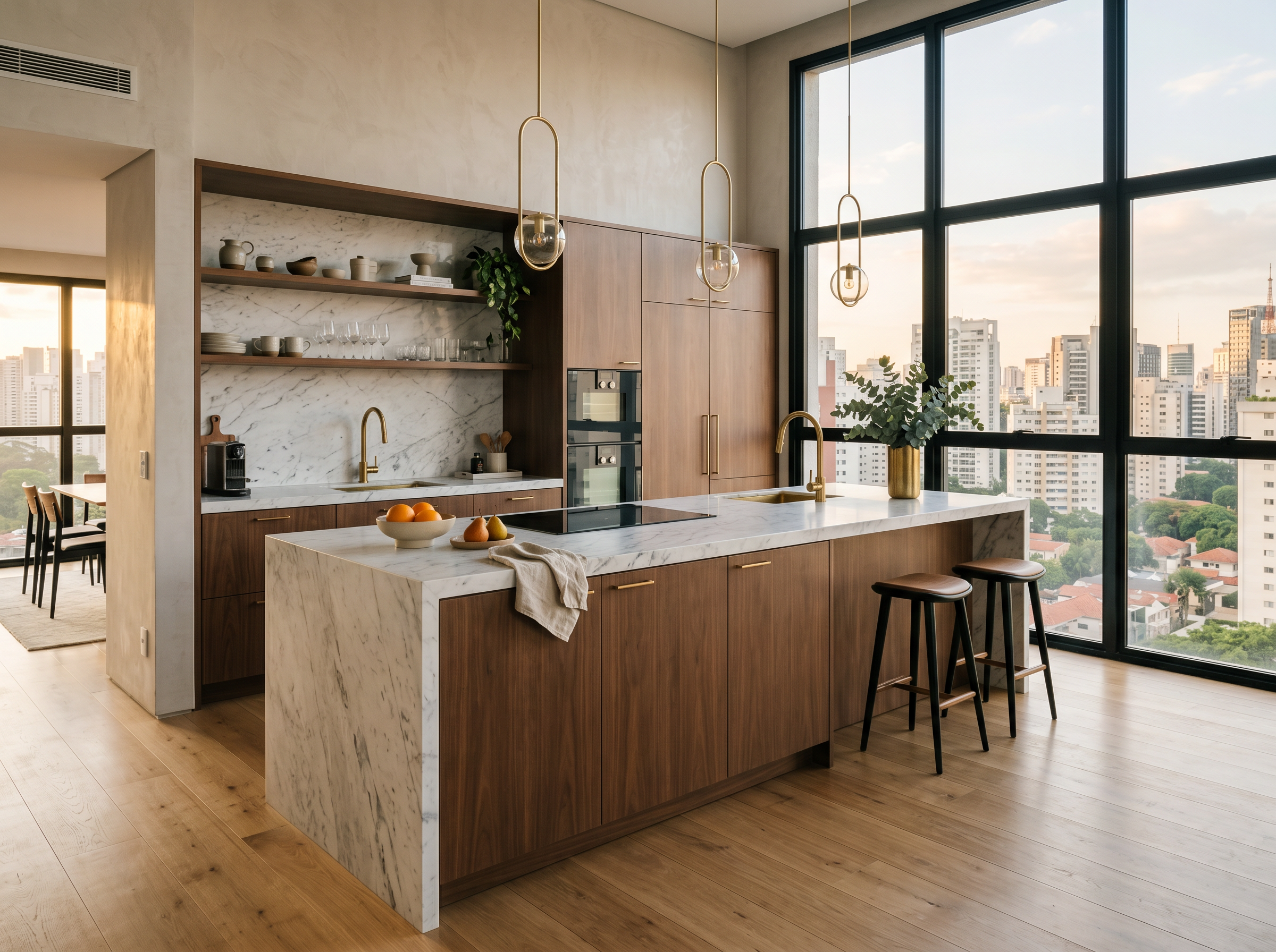 Cozinha gourmet com bancada em mármore