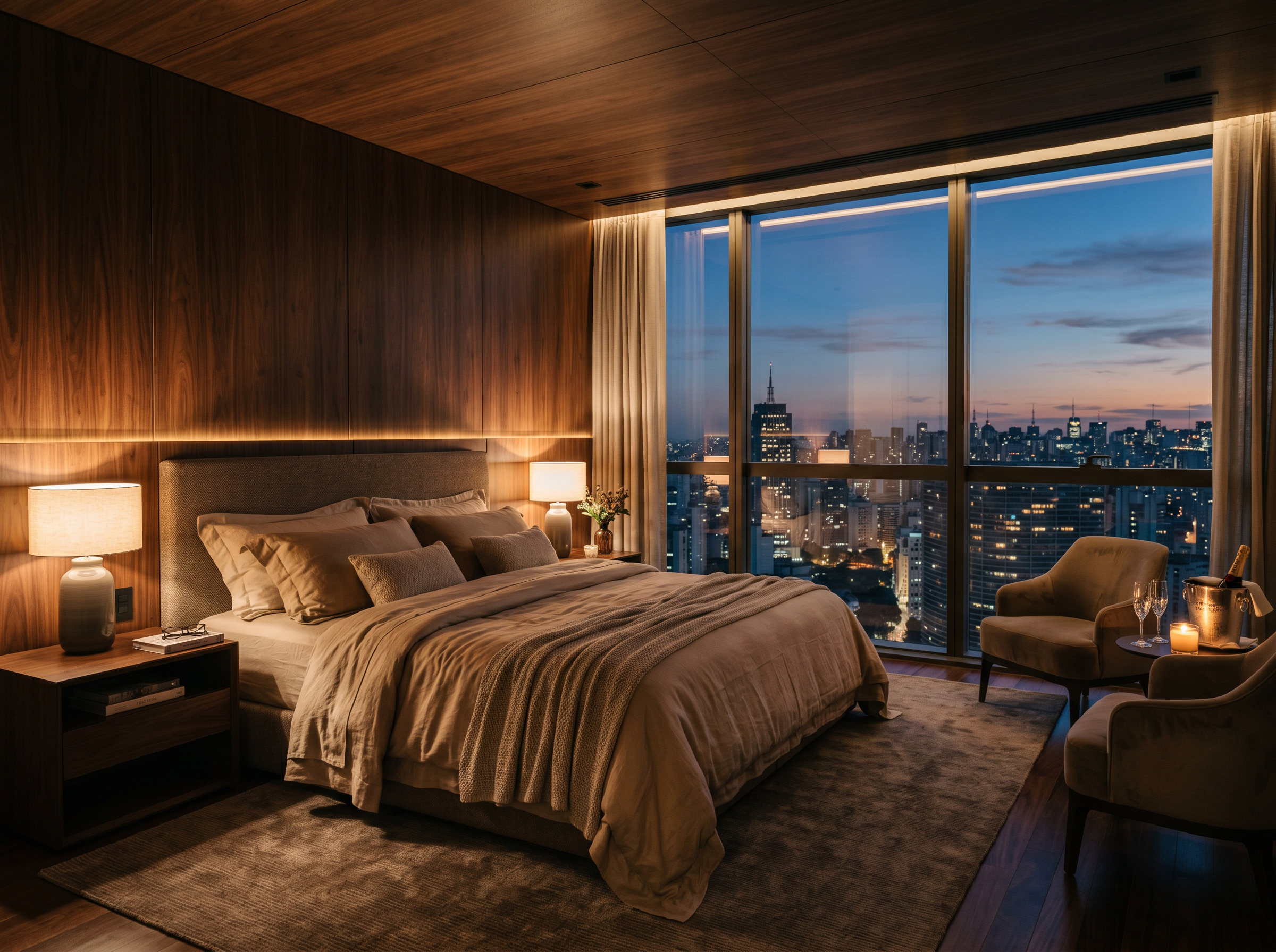 Suíte master com vista panorâmica da cidade